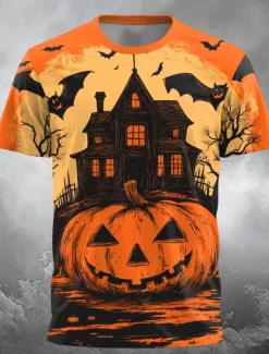 Best OUKU Halloween Men's Optical Illusion Pumpkin 3D T Shirt Short Sleeve T shirt 3D Print Crew Neck Shirt Exaggerated Designer Horror Party Street Holiday Orange 3 Black Orange Summer Spring Clothing Apparel