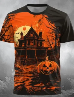 Best OUKU Halloween Men's Optical Illusion Pumpkin 3D T Shirt Short Sleeve T shirt 3D Print Crew Neck Shirt Exaggerated Designer Horror Party Street Holiday Orange 3 Black Orange Summer Spring Clothing Apparel