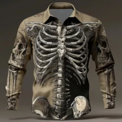 Outlet OUKU Halloween Men's Optical Illusion Skeleton Shirt Button Up Shirt Long Sleeve Dark Punk Gothic Style Outdoor Holiday Summer Spring Turndown 3D Print Collared Shirts Black Brown