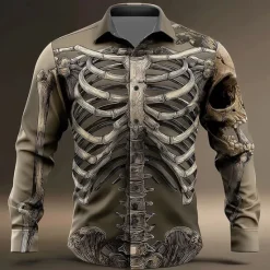 Discount OUKU Halloween Men's Optical Illusion Skeleton Shirt Button Up Shirt Long Sleeve Dark Punk Gothic Style Outdoor Holiday Summer Spring Turndown 3D Print Collared Shirts White+Black Black Brown
