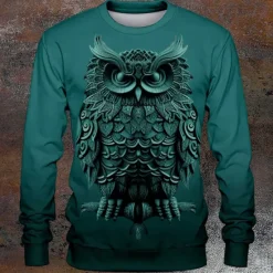Hot OUKU Halloween Men's Owl Hoodies Sweatshirt Long Sleeve Sweatshirt Crew Neck Fashion Cowboy 3D Print Fall Winter
