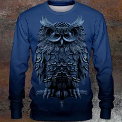 Hot OUKU Halloween Men's Owl Hoodies Sweatshirt Long Sleeve Sweatshirt Crew Neck Fashion Cowboy 3D Print Fall Winter
