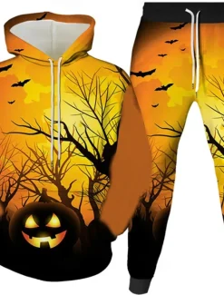 OUKU Halloween Men's Owl Pumpkin 2pcs 3D Sweatshirt Sets Tracksuit Hoodie Sweatshirt Long Sleeve Long pants Hooded Casual Daily Athleisure Festival Outfit 3D Print Spring Fall Winter Yellow Orange