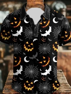 Online OUKU Halloween Men's Pumpkin Bat Polo Short Sleeve Polo Shirts Collared Shirts Vintage Casual Dark Athleisure Daily Wear Festival Wear 3D Print Buttons Summer Black Orange