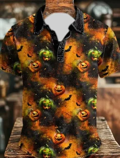 Online OUKU Halloween Men's Pumpkin Bat Polo Short Sleeve Polo Shirts Collared Shirts Vintage Casual Dark Athleisure Daily Wear Festival Wear 3D Print Buttons Summer Black Orange