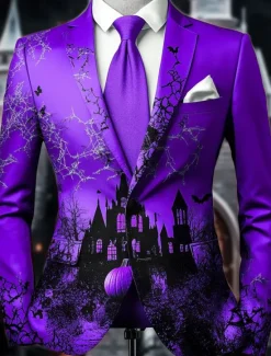 OUKU Halloween Men's Pumpkin Castle Blazer Jacket Comfortable Artistic Casual Party Evening Wear Daily Festival 3D Print Buttons Multi Pocket Spring Fall & Winter Notch Long Sleeve Red Purple Orange