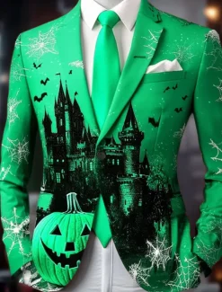 Sale OUKU Halloween Men's Pumpkin Castle Blazer Jacket Comfortable Casual Dark Party Evening Wear Daily Festival 3D Print Buttons Multi Pocket Spring Fall & Winter Notch Long Sleeve Red Purple Green