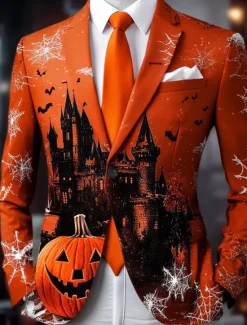 Sale OUKU Halloween Men's Pumpkin Castle Blazer Jacket Comfortable Casual Dark Party Evening Wear Daily Festival 3D Print Buttons Multi Pocket Spring Fall & Winter Notch Long Sleeve Red Purple Green