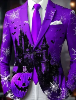 Sale OUKU Halloween Men's Pumpkin Castle Blazer Jacket Comfortable Casual Dark Party Evening Wear Daily Festival 3D Print Buttons Multi Pocket Spring Fall & Winter Notch Long Sleeve Red Purple Green