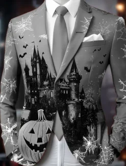 Sale OUKU Halloween Men's Pumpkin Castle Blazer Jacket Comfortable Casual Dark Party Evening Wear Daily Festival 3D Print Buttons Multi Pocket Spring Fall & Winter Notch Long Sleeve Red Purple Green