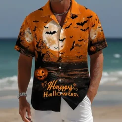 Best OUKU Halloween Men's Pumpkin Cemetery Halloween Costumes Shirt Cuban Collar Shirt Button Up Shirt Short Sleeve Dark Punk Gothic Style Holiday Streetwear Summer Camp Collar Shirt 3D Print Orange red Orange