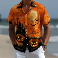 Best OUKU Halloween Men's Pumpkin Cemetery Halloween Costumes Shirt Cuban Collar Shirt Button Up Shirt Short Sleeve Dark Punk Gothic Style Holiday Streetwear Summer Camp Collar Shirt 3D Print Orange red Orange