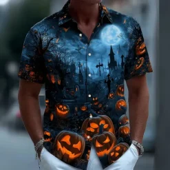 OUKU Halloween Men's Pumpkin Cemetery Halloween Costumes Shirt Button Up Shirt Short Sleeve Dark Punk Gothic Style Holiday Streetwear Summer Spring Turndown 3D Print Collared Shirts Dark Blue#1 Dark Blue