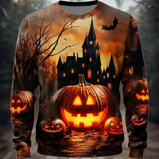 New OUKU Halloween Men's Pumpkin Cemetery Sweatshirt Punk Party Long Sleeve Crew Neck Vacation Yellow Blue Crewneck 3D All Seasons Designer