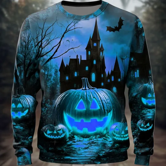 New OUKU Halloween Men's Pumpkin Cemetery Sweatshirt Punk Party Long Sleeve Crew Neck Vacation Yellow Blue Crewneck 3D All Seasons Designer