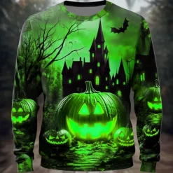 New OUKU Halloween Men's Pumpkin Cemetery Sweatshirt Punk Party Long Sleeve Crew Neck Vacation Yellow Blue Crewneck 3D All Seasons Designer