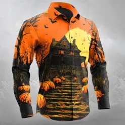 OUKU Halloween Men's Pumpkin Haunted House Jack-o'-lantern Shirt Button Up Shirt Long Sleeve Dark Gothic Style Outdoor Holiday Spring Fall Turndown 3D Print Collared Shirts Orange red Orange yellow Black