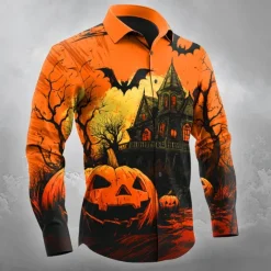 OUKU Halloween Men's Pumpkin Haunted House Jack-o'-lantern Shirt Button Up Shirt Long Sleeve Dark Gothic Style Outdoor Holiday Spring Fall Turndown 3D Print Collared Shirts Orange red Orange yellow Black