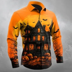OUKU Halloween Men's Pumpkin Haunted House Jack-o'-lantern Shirt Button Up Shirt Long Sleeve Dark Gothic Style Outdoor Holiday Spring Fall Turndown 3D Print Collared Shirts Orange red Orange yellow Black