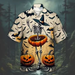 OUKU Halloween Men's Pumpkin Haunted House Halloween Costumes Shirt Cuban Collar Shirt Button Up Shirt Short Sleeve Dark Punk Gothic Style Holiday Streetwear Summer Camp Collar Shirt 3D Print Orange