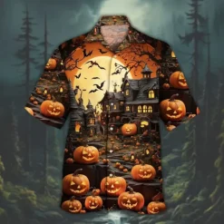 OUKU Halloween Men's Pumpkin Haunted House Halloween Costumes Shirt Cuban Collar Shirt Button Up Shirt Short Sleeve Dark Punk Gothic Style Holiday Streetwear Summer Camp Collar Shirt 3D Print Orange