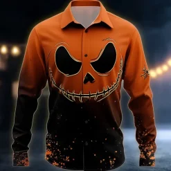 Hot OUKU Halloween Men's Pumpkin Halloween Costumes Jack-o'-lantern Shirt Button Up Shirt Long Sleeve Dark Gothic Style Outdoor Holiday Summer Spring Turndown 3D Print Collared Shirts Black / Orange Orange