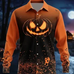 Hot OUKU Halloween Men's Pumpkin Halloween Costumes Jack-o'-lantern Shirt Button Up Shirt Long Sleeve Dark Gothic Style Outdoor Holiday Summer Spring Turndown 3D Print Collared Shirts Black / Orange Orange