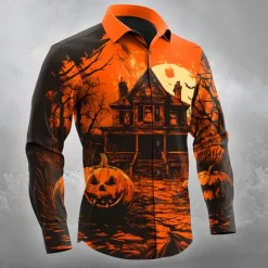 Sale OUKU Halloween Men's Pumpkin Haunted House Jack-o'-lantern Shirt Button Up Shirt Long Sleeve Dark Gothic Style Outdoor Holiday Spring Fall Turndown 3D Print Collared Shirts Orange red Orange yellow Black