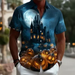 Clearance OUKU Halloween Men's Pumpkin Haunted House Halloween Costumes Shirt Button Up Shirt Short Sleeve Dark Punk Gothic Style Holiday Streetwear Summer Spring Turndown 3D Print Collared Shirts Blue 2# Blue 1