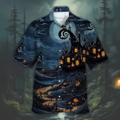 OUKU Halloween Men's Pumpkin Haunted House Halloween Costumes Shirt Cuban Collar Shirt Button Up Shirt Short Sleeve Dark Punk Gothic Style Holiday Streetwear Summer Camp Collar Shirt 3D Print Blue Green