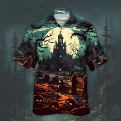 OUKU Halloween Men's Pumpkin Haunted House Halloween Costumes Shirt Cuban Collar Shirt Button Up Shirt Short Sleeve Dark Punk Gothic Style Holiday Streetwear Summer Camp Collar Shirt 3D Print Blue Green