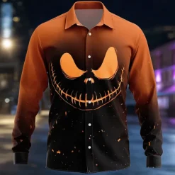 Discount OUKU Halloween Men's Pumpkin Halloween Costumes Jack-o'-lantern Shirt Button Up Shirt Long Sleeve Dark Gothic Style Outdoor Holiday Summer Spring Turndown 3D Print Collared Shirts Black / Orange Orange