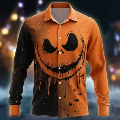 Discount OUKU Halloween Men's Pumpkin Halloween Costumes Jack-o'-lantern Shirt Button Up Shirt Long Sleeve Dark Gothic Style Outdoor Holiday Summer Spring Turndown 3D Print Collared Shirts Black / Orange Orange
