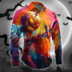 Discount OUKU Halloween Men's Pumpkin Halloween Costumes Button Up Shirt Long Sleeve Horror Party Evening Wear Fall Winter Spring & Summer Shirt Collar 3D Print Orange