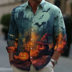 Hot OUKU Halloween Men's Pumpkin Haunted House Halloween Costumes Shirt Button Up Shirt Long Sleeve Casual Outdoor Holiday Summer Spring Turndown 3D Print Collared Shirts Green Dark Blue