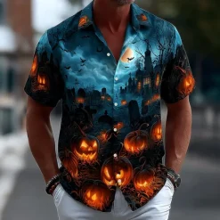 Online OUKU Halloween Men's Pumpkin Haunted House Halloween Costumes Shirt Button Up Shirt Short Sleeve Dark Punk Gothic Style Holiday Streetwear Summer Spring Turndown 3D Print Collared Shirts Blue Dark Blue