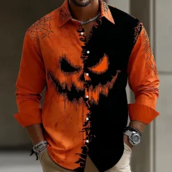 Hot OUKU Halloween Men's Pumpkin Halloween Costumes Shirt Button Up Shirt Long Sleeve Dark Gothic Style Outdoor Holiday Spring Fall Turndown 3D Print Front One Pocket Linen Like Shirt Black / Orange Orange