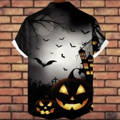 Best OUKU Halloween Men's Pumpkin Halloween Costumes Button Up Shirt Short Sleeve Horror Party Evening Wear Summer Camp Collar Cuban Collar Pocket 3D Print Black Blue Orange