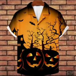 Best OUKU Halloween Men's Pumpkin Halloween Costumes Button Up Shirt Short Sleeve Horror Party Evening Wear Summer Camp Collar Cuban Collar Pocket 3D Print Black Blue Orange