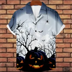 Best OUKU Halloween Men's Pumpkin Halloween Costumes Button Up Shirt Short Sleeve Horror Party Evening Wear Summer Camp Collar Cuban Collar Pocket 3D Print Black Blue Orange