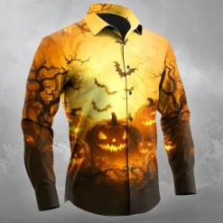 Sale OUKU Halloween Men's Pumpkin Halloween Costumes Jack-o'-lantern Shirt Button Up Shirt Long Sleeve Dark Gothic Style Outdoor Holiday Spring Fall Turndown 3D Print Collared Shirts Orange red Yellow Black