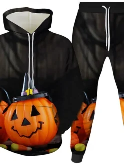 Best OUKU Halloween Men's Pumpkin 2pcs 3D Sweatshirt Sets Tracksuit Hoodie Sweatshirt Long Sleeve Long pants Hooded Casual Daily Athleisure Festival Outfit 3D Print Spring Fall Winter Black Blue Orange