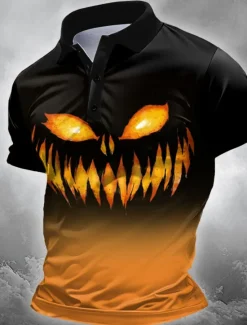 Outlet OUKU Halloween Men's Pumpkin Polo Short Sleeve Polo Shirts Collared Shirts Casual Horror Dark Outdoor Athleisure Festival Outfit 3D Print Buttons Summer Blue Purple Orange