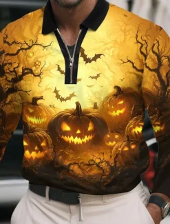 Hot OUKU Halloween Men's Pumpkin Polo Long Sleeve Polo Shirts Lapel Casual Street Daily Wear Festival Outfit 3D Print Quarter Zip Polo Spring Fall Winter Black Yellow Orange