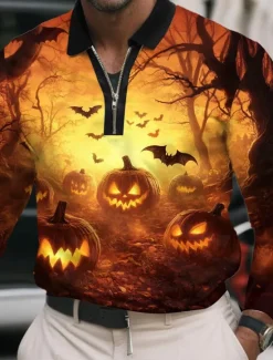 Hot OUKU Halloween Men's Pumpkin Polo Long Sleeve Polo Shirts Lapel Casual Street Daily Wear Festival Outfit 3D Print Quarter Zip Polo Spring Fall Winter Black Yellow Orange