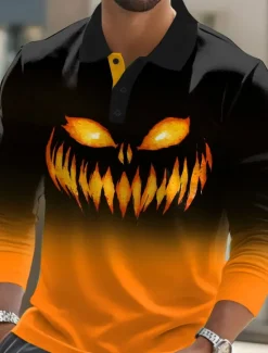 Best OUKU Halloween Men's Pumpkin Polo Long Sleeve Polo Shirts Lapel Casual Street Athleisure Daily Wear 3D Print Buttons Spring Fall Winter Blue Purple Orange