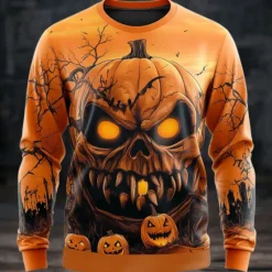OUKU Halloween Men's Pumpkin Sweatshirt Punk Party Long Sleeve Crew Neck Vacation Yellow Purple Crewneck 3D All Seasons Designer