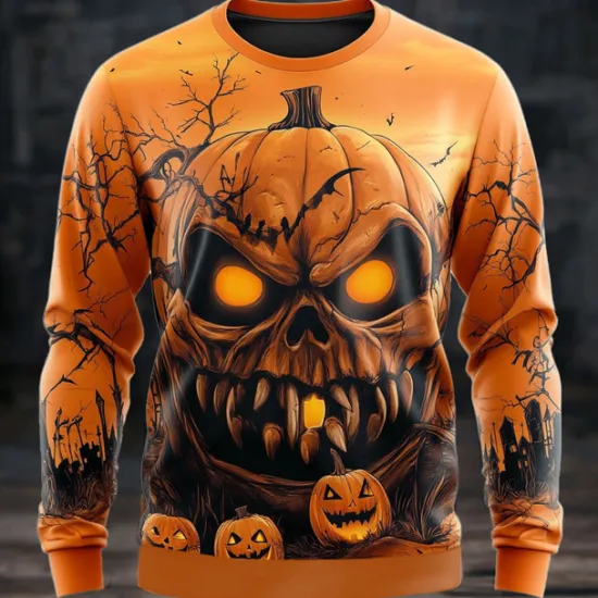 OUKU Halloween Men's Pumpkin Sweatshirt Punk Party Long Sleeve Crew Neck Vacation Yellow Purple Crewneck 3D All Seasons Designer
