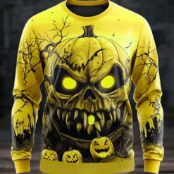 OUKU Halloween Men's Pumpkin Sweatshirt Punk Party Long Sleeve Crew Neck Vacation Yellow Purple Crewneck 3D All Seasons Designer