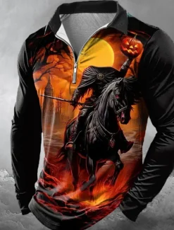 Discount OUKU Halloween Men's Pumpkin Zip Polo Shirts Polo Shirts Lapel Casual Horror Dark Outdoor Festival Outfit 3D Print Spring Fall Winter Black Yellow Orange